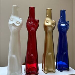 Set of Four Empty Cat-Shaped Glass Riesling Wine Bottles Moselland